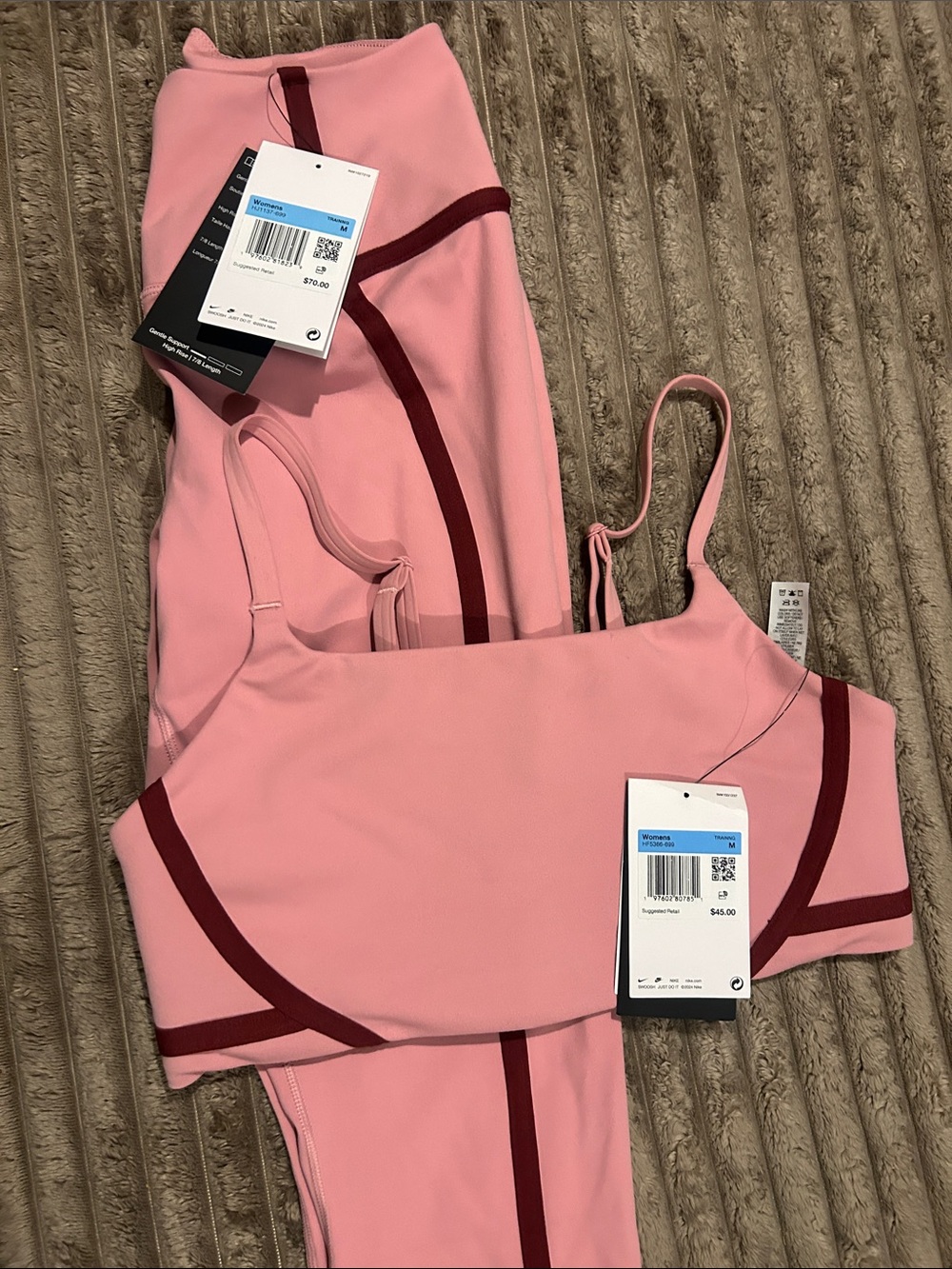 Nike Pink Strappy Sports Bra and Leggings Set with Burgundy Trim
